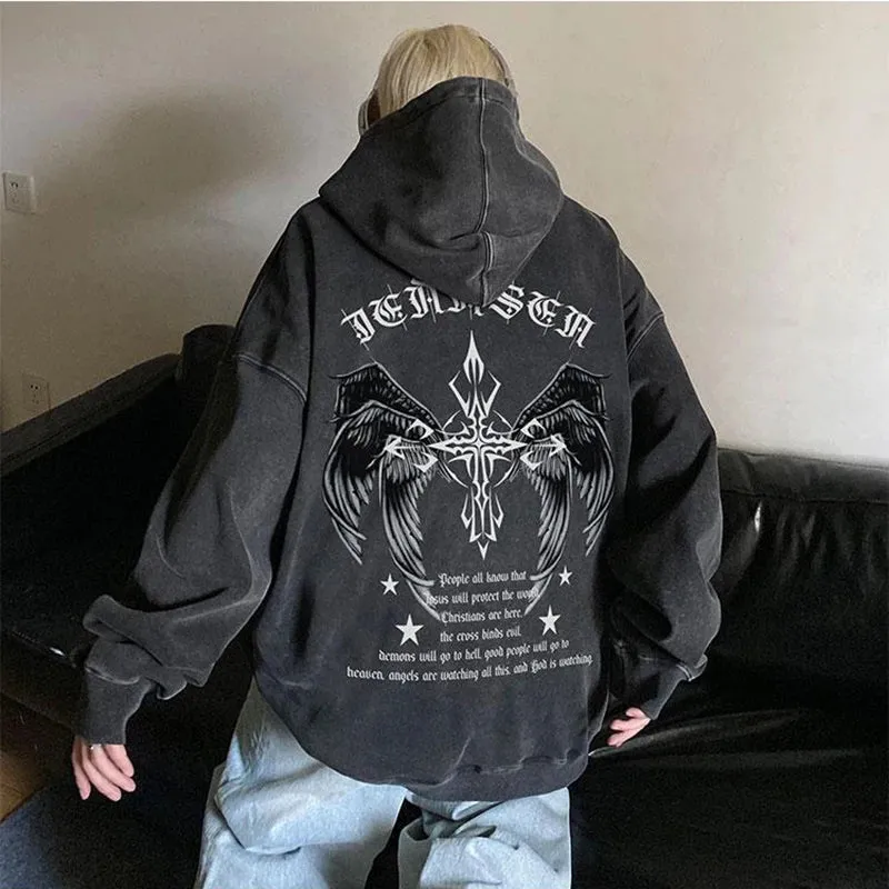Wiaofellas  - Gothic Wing Graphic Printed Hoodie Oversized Baggy Men Hooded Sweatshirt Hip Hop Streetwear New Male Hoodies