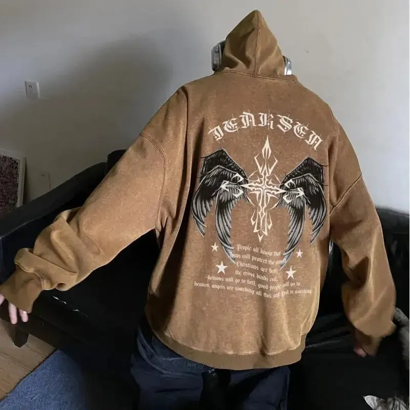 Wiaofellas  - Gothic Wing Graphic Printed Hoodie Oversized Baggy Men Hooded Sweatshirt Hip Hop Streetwear New Male Hoodies
