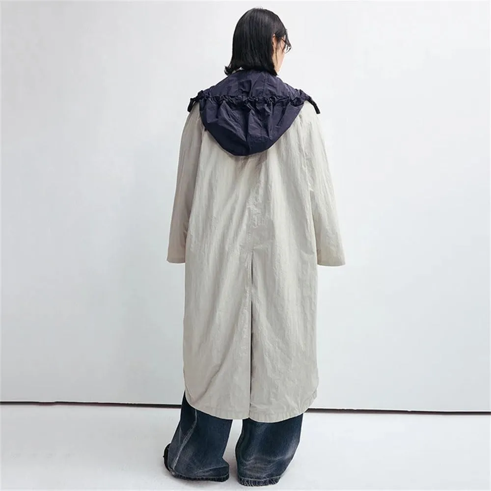 Women Patchwork Trench Coat Hooded Drawstring Contrast Color Two Face Wear Loose Trenchcoats