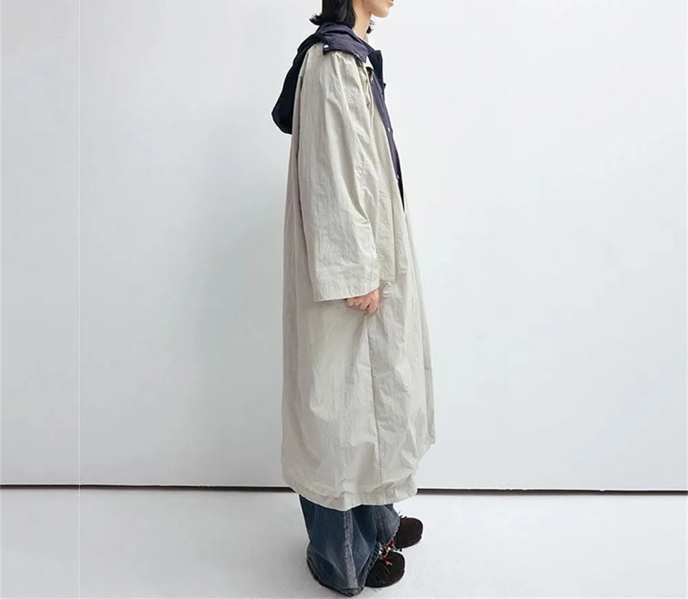 Women Patchwork Trench Coat Hooded Drawstring Contrast Color Two Face Wear Loose Trenchcoats