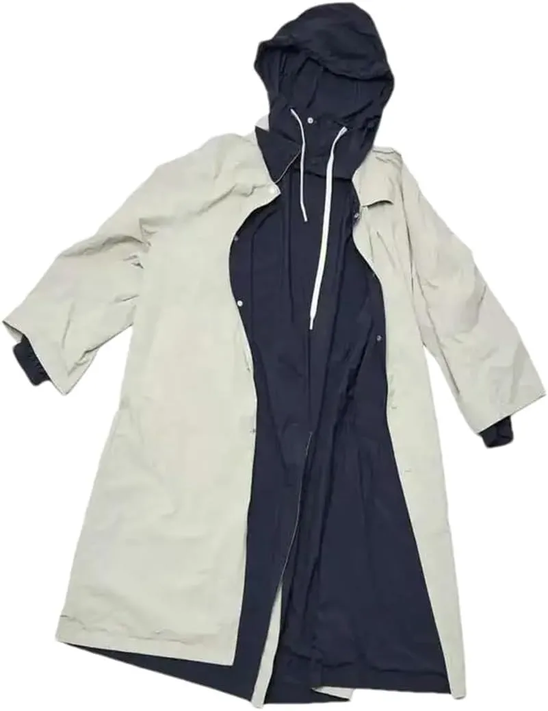 Women Patchwork Trench Coat Hooded Drawstring Contrast Color Two Face Wear Loose Trenchcoats