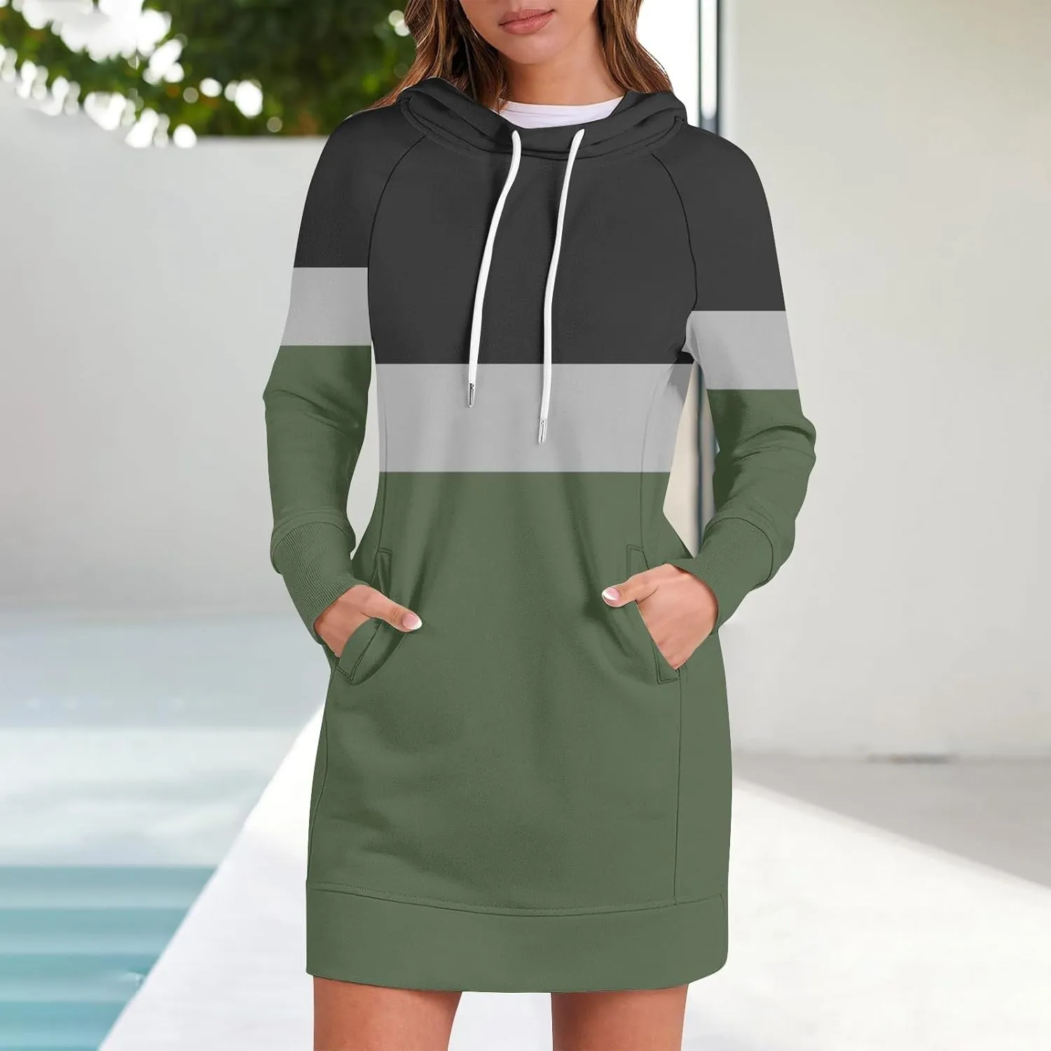 Women's Fall Flower Print Long Sleeve Tops Round Neck Patchwork Sweatshirt Casual Raglan Sleeve Hooded Dress 2024