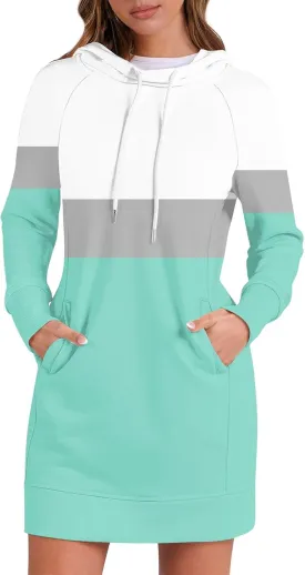 Women's Fall Flower Print Long Sleeve Tops Round Neck Patchwork Sweatshirt Casual Raglan Sleeve Hooded Dress 2024