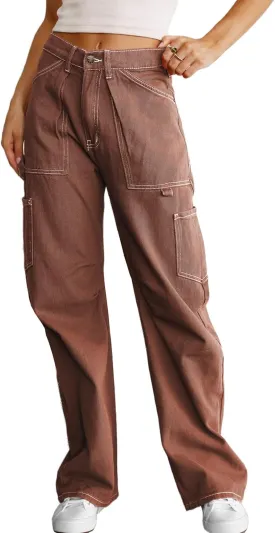 Women's High Waist Baggy Cargo Jeans Flap Pocket Relaxed Fit Straight Wide Leg Y2K Fashion Cargo Pants Boyfriend Jeans