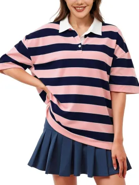 Womens Oversized Striped Polo Sweatshirt Color Block Short Sleeve Polo T-Shirts Fashion Streetwear Pullover Tops