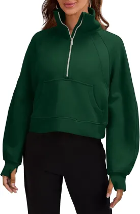 Womens Sweatshirts Half Zipper Crop Pullover Funnel Neck Fleece Lined Zip Up Long Sleeve Tops Thumb Hole