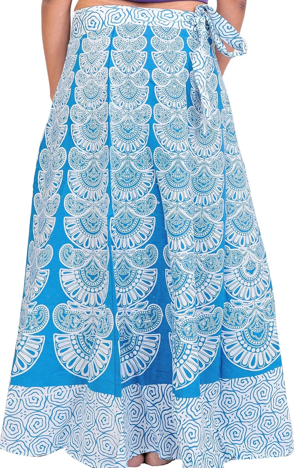 Wrap-Around Long Skirt with Block-Print in Pastel Colors - Pure Cotton