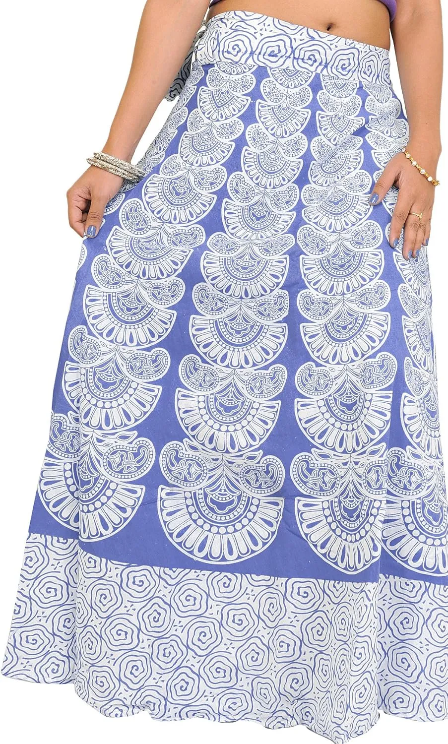 Wrap-Around Long Skirt with Block-Print in Pastel Colors - Pure Cotton