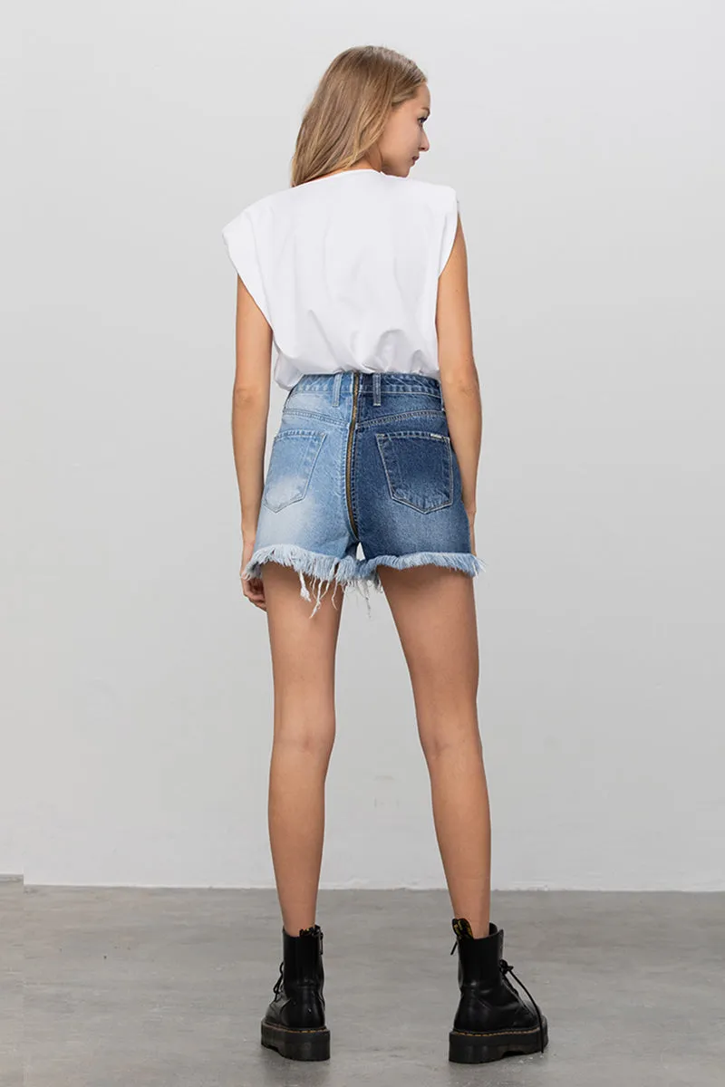 Zip Code Two-Tone Denim Shorts