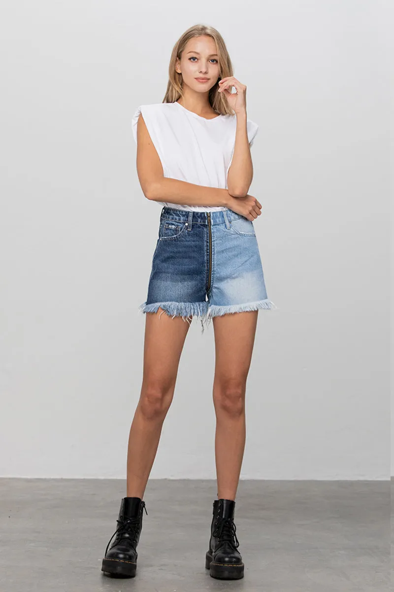 Zip Code Two-Tone Denim Shorts