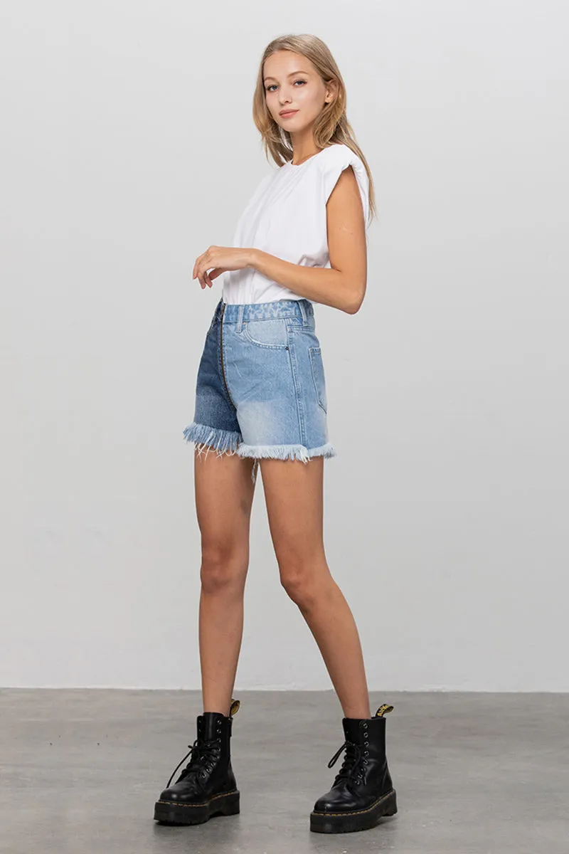 Zip Code Two-Tone Denim Shorts