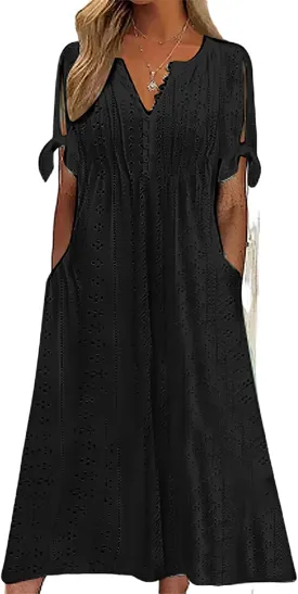 ZOCANIA Womens Boho Eyelet Pastel Dress Button V Neck Tie Knot Short Sleeve Vacation Beach Midi Dresses with Pockets