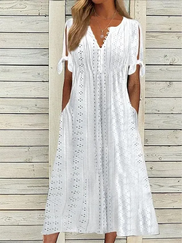 ZOCANIA Womens Boho Eyelet Pastel Dress Button V Neck Tie Knot Short Sleeve Vacation Beach Midi Dresses with Pockets