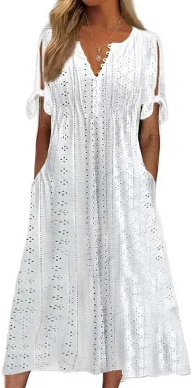 ZOCANIA Womens Boho Eyelet Pastel Dress Button V Neck Tie Knot Short Sleeve Vacation Beach Midi Dresses with Pockets