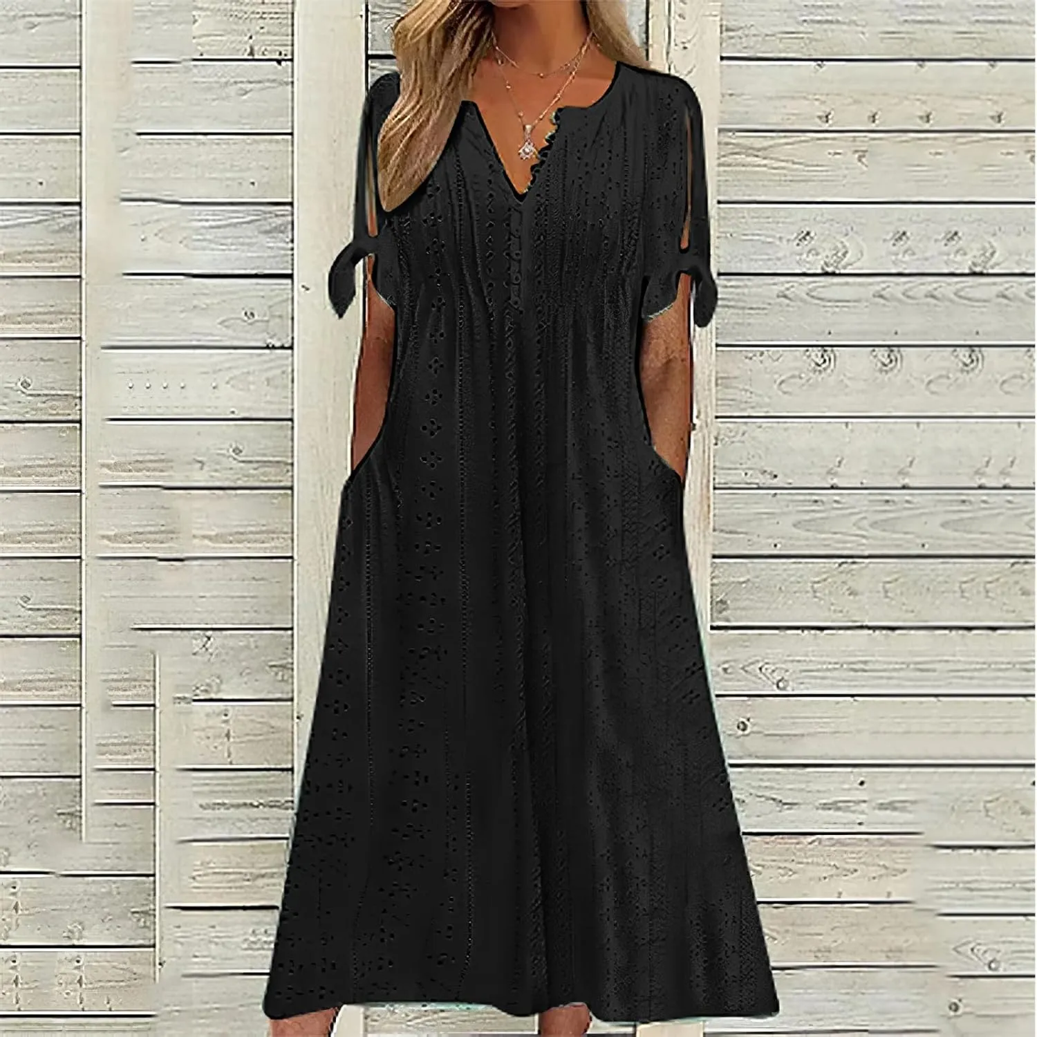 ZOCANIA Womens Boho Eyelet Pastel Dress Button V Neck Tie Knot Short Sleeve Vacation Beach Midi Dresses with Pockets