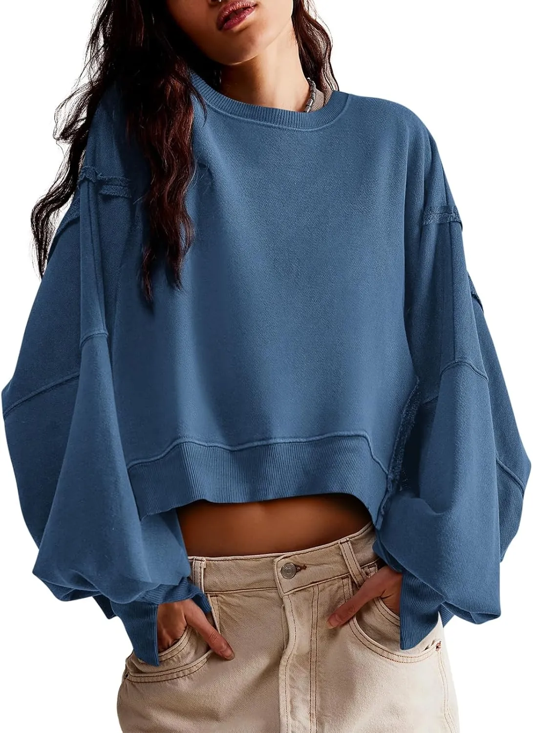 Zwurew Womens Casual Sweatshirt Long Sleeve Tops Crewneck Loose Fit Tee Pullover Crop Tshirt Side Slit Fall Fashion 2024